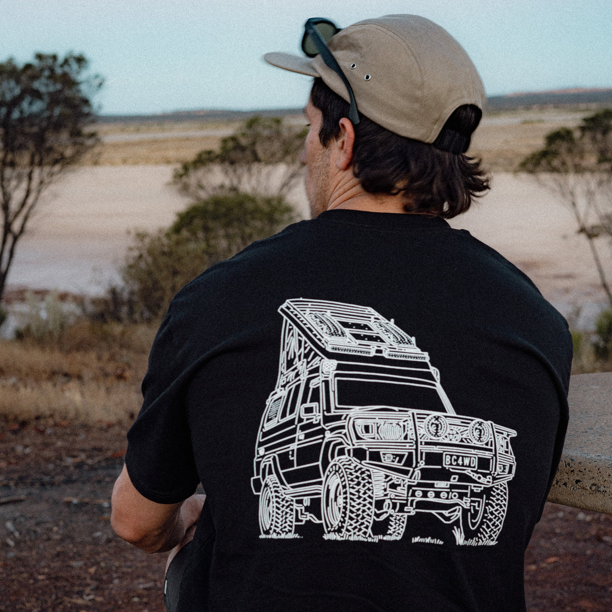 Troopy tee worn outdoors, back print